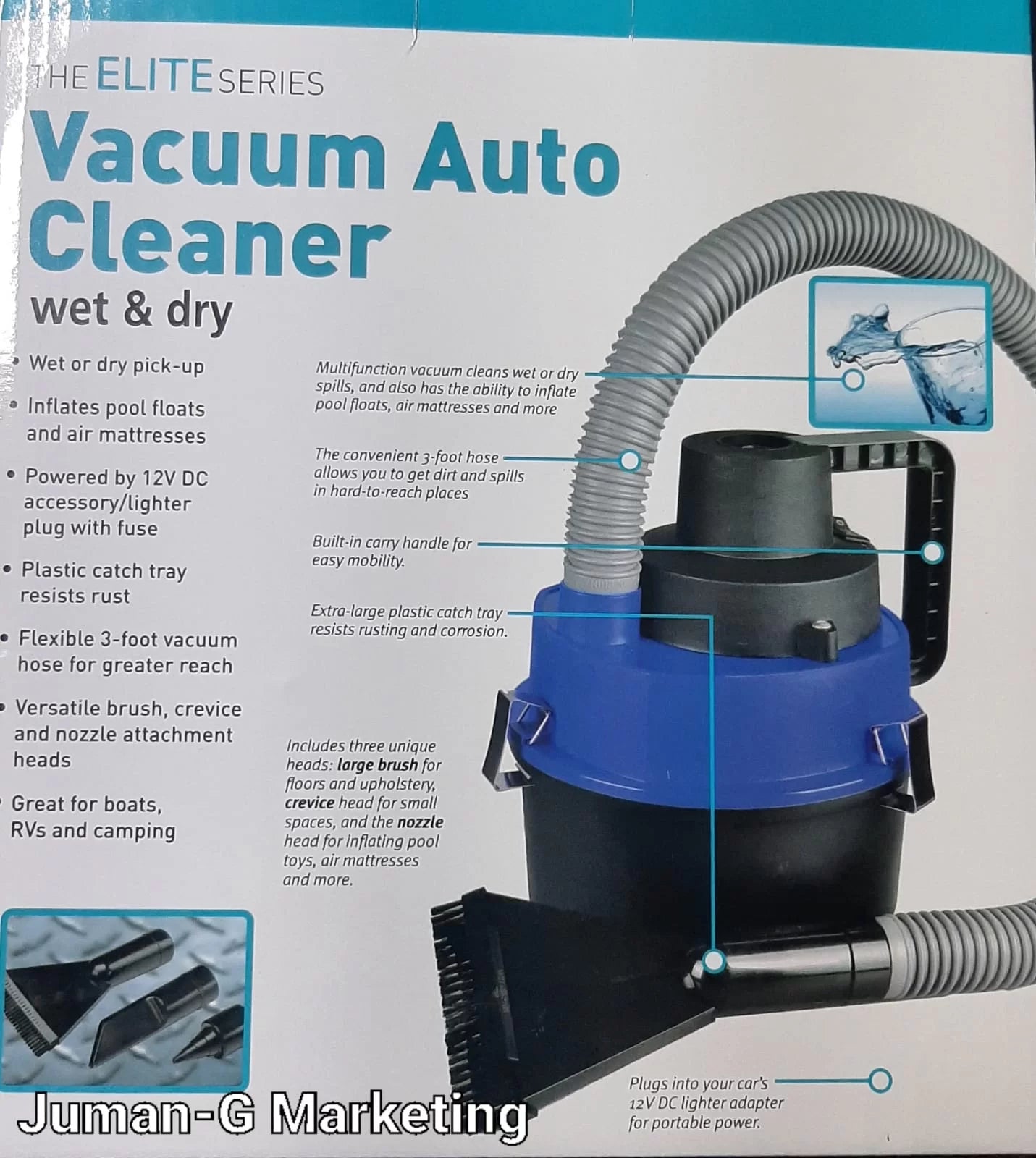 The Elite Series Vacuum Auto Cleaner Wet & Dry 3 Attachment Head , Ideal for Car Interiors, Workshop, Camping Tents, Boat Interiors- 10002404