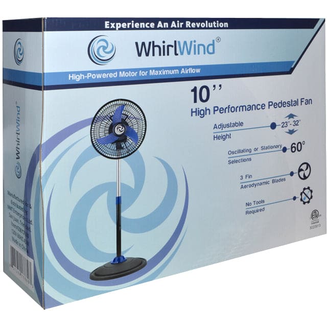 WHIRLWIND BLUE 10 INCH PEDESTAL FAN ETL, Great For Small Spaces, Home Office, Study Areas. Kitchen Etc- 20017661
