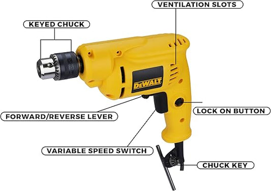 Dewalt Corded Electric Rotary Drill with Chuck Key,600W, 3/8" (10mm) Drill Chuck, Excellent for Everyday Use for Contractors, Tradesmen and DIYer's, , Suitable for Metal And Wood  0-2800? Min Speed- DWD014