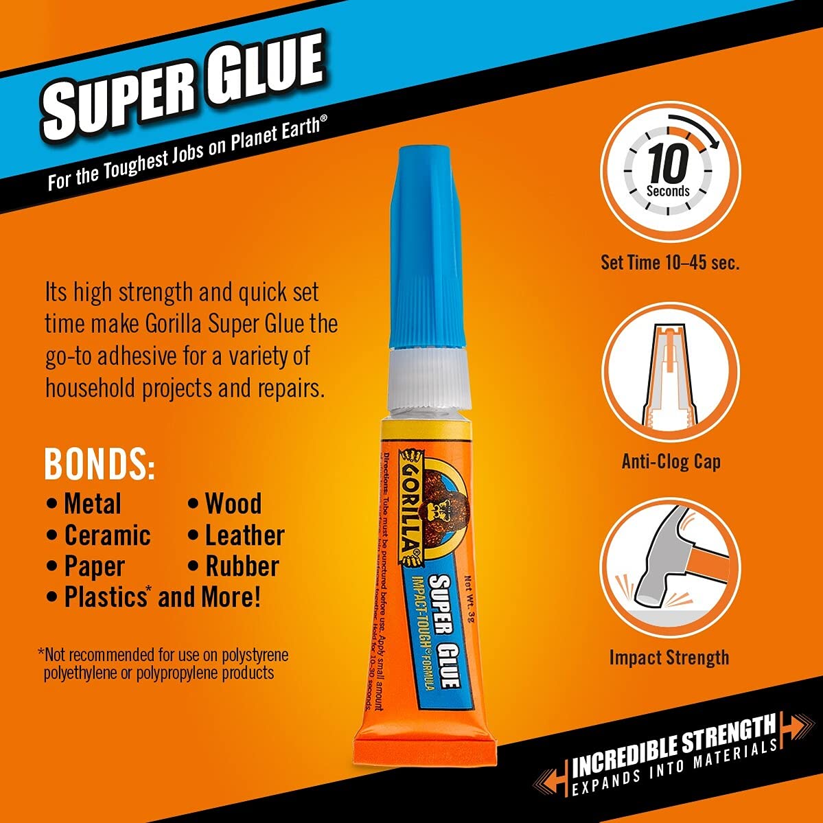Gorilla Super Glue 3g Tube – 2 Pack, Instant Repairs On Smaller Indoor Projects. Ideal For Wood, Metal, Stone, Ceramic, Glass, Plastic, PVC Sheet, Brick, Concrete, Foam And More – 7800109