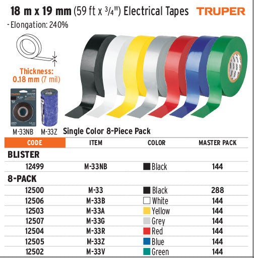 Truper PVC Electrical Tape 3/4-Inch by 60 ft (19mm x  18m)- Available in Various Colours, Black, White, Yellow, Grey, Red, Blue and Green