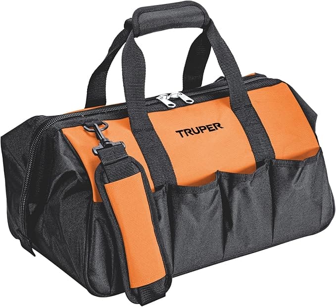 Truper Wide Mouth Tool Bag and Organizer for Home, Workshop, or Job Site, Non-slip Bottom with Pockets, Padded Handle, Adjustable Shoulder Strap- 20"- 17104