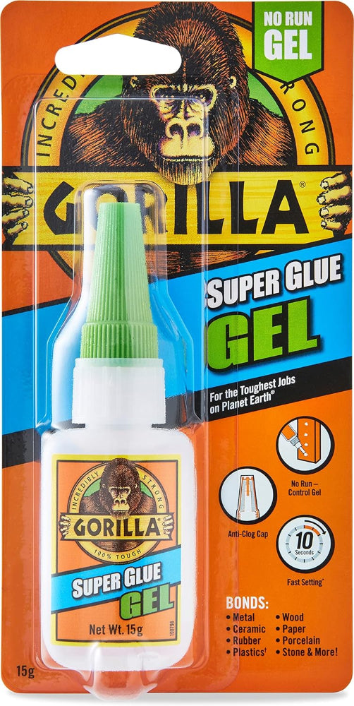 GORILLA Super Glue Gel 15g, Clear – 1-Pack, Dries in 10-45 seconds, No Clamping Required. Ideal for Plastic, Wood, Metal, Stone, Ceramic, PVC Sheet, Brick, Rubber, Leather, Paper and More – 760010