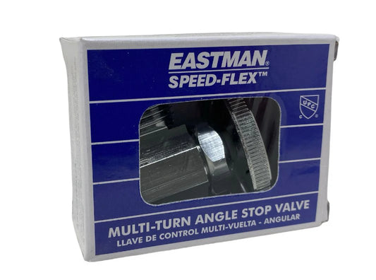 Eastman Dual Angle Valve 1/2x1/2x1/2 Inch. Continuous Turn Angle Valve. Chrome Plated Brass Shut Off Valve for Faucet or Toilet Installation. Suitable for Using in Hydronic Heating As Well As In Potable Water. EZF109