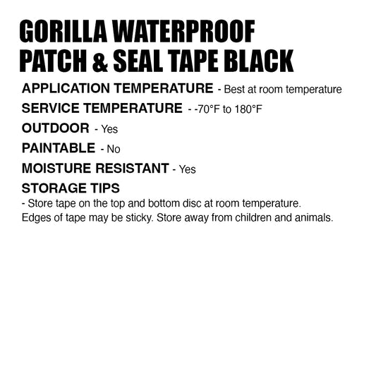 Gorilla Waterproof Patch & Seal Tape 4" x 10' Black, For Pools, Tanks, And Many More Wet, Outdoor Surfaces for Repairing Tears, Gaps, Cracks And Holes.- 4612502