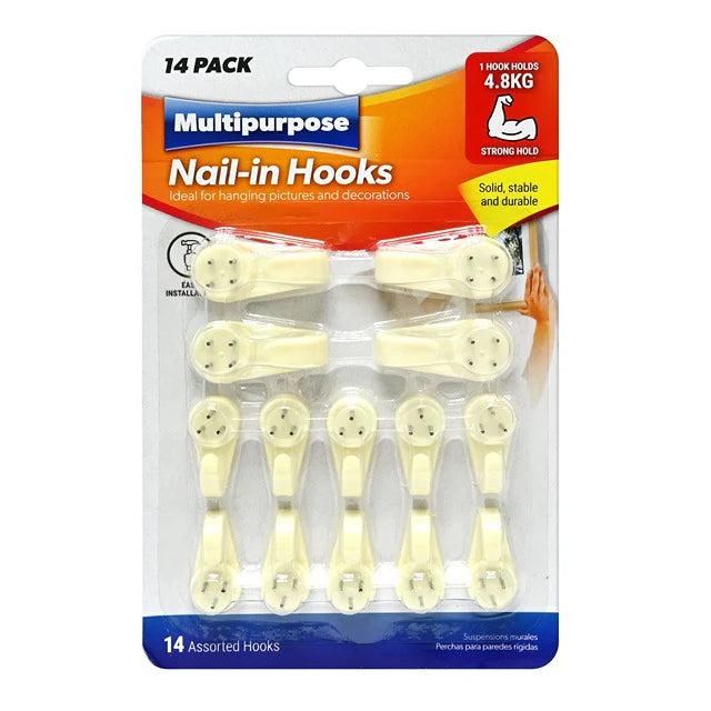 Multipurpose Nail- In- hooks Assocated Size 14 Pieces in pack, Ideal for hanging Pictures and Decorations - HY0052