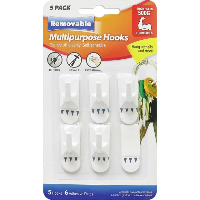 Removable Multipurpose Hooks  5PK Suitable For Use on tile, glass, stainless Steel and finished wood surfaces- HY0084