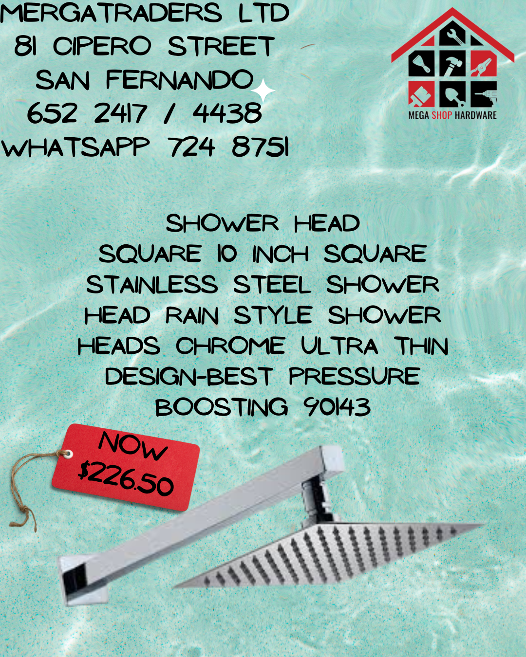 EZ-FLO Ultra-Thin Square Shower Head 10 Inch Rain Shower Head Stainless Steel Square Large Shower Head Stainless Steel, High Pressure High Flow Rainfall Shower Head Replacement - Water Saving Waterfall Shower Head 90143