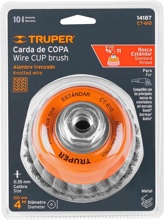 TRUPER Wire Cup Brush 14187 / CT-610 - 4" (102mm), 5/8-11, Fine Knotted Cup Brush - 14187