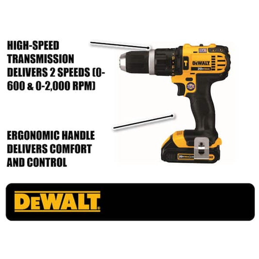 Dewalt 20V MAX Cordless Compact 1/2 in. Hammer Drill/Driver, (2) 20V 1.3Ah Batteries, Charger, and Bag- DCD785C2